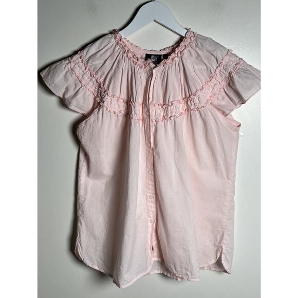 Madison Mathews Size M Cotton Flutter Sleeve Pink Smocked Boxy Button Up Blouse - Picture 2 of 8